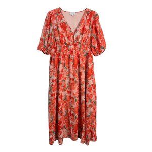 NWOT | LUEAL | Sunset Orange Floral V-Neck Smocked Empire Waist Midi Dress | XL